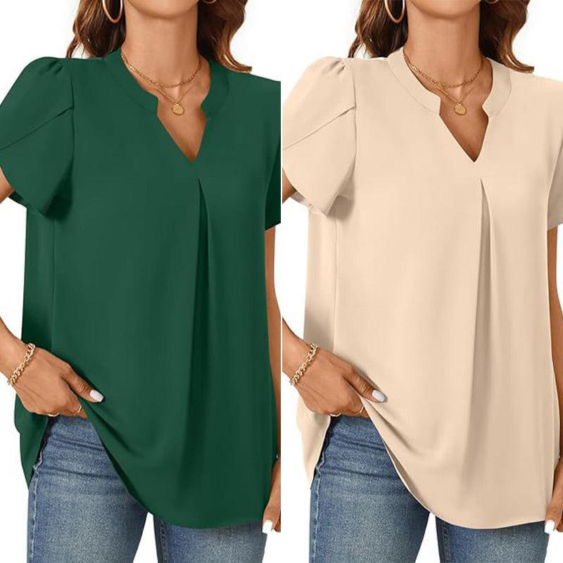 Élina – Top a Tinta Unita con Scollo a V Plissettato – Maniche Corte Stile Fiore