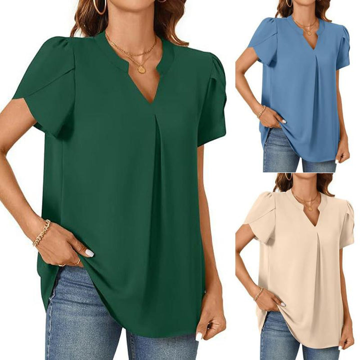 Élina – Top a Tinta Unita con Scollo a V Plissettato – Maniche Corte Stile Fiore