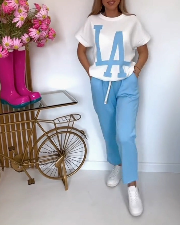 Inéa – Completo Casual 2 Pezzi con Stampa a Lettere – T-shirt e Pantaloni Jogger