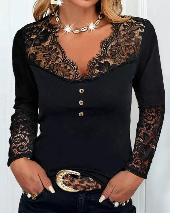 Éméria – Top Elegante in Pizzo con Maniche Lunghe e Scollo a V Intagliato