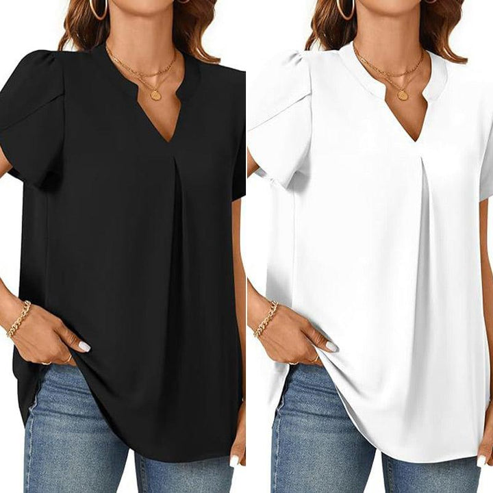 Élina – Top a Tinta Unita con Scollo a V Plissettato – Maniche Corte Stile Fiore