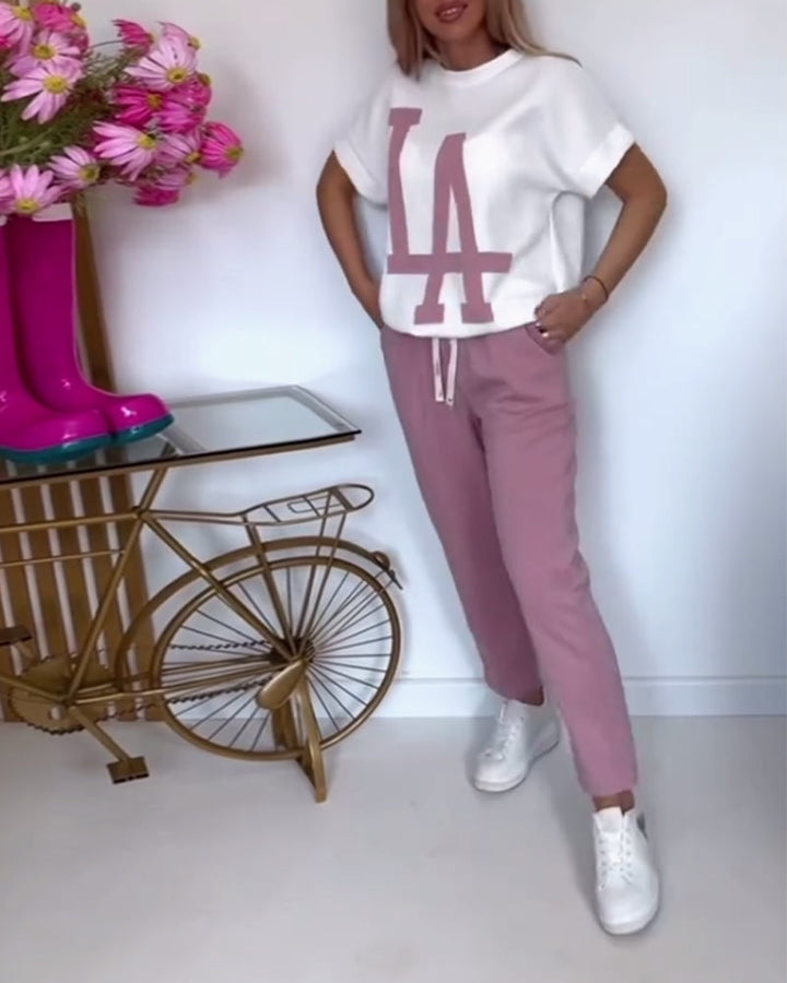 Inéa – Completo Casual 2 Pezzi con Stampa a Lettere – T-shirt e Pantaloni Jogger