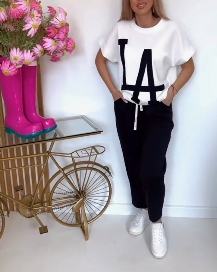 Inéa – Completo Casual 2 Pezzi con Stampa a Lettere – T-shirt e Pantaloni Jogger