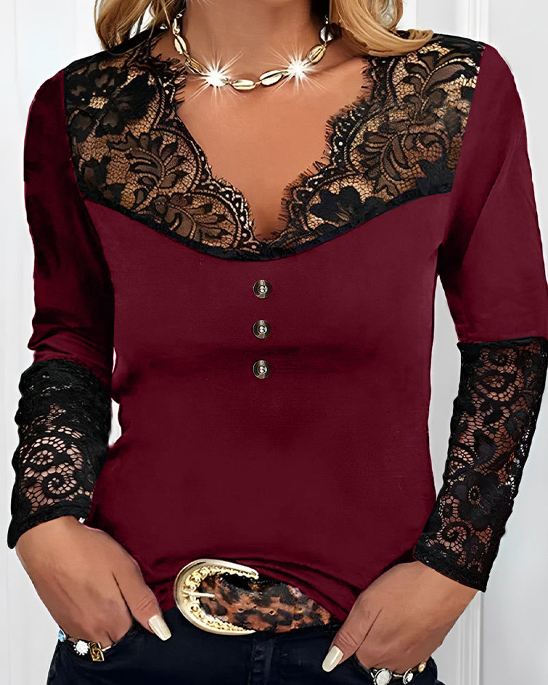 Éméria – Top Elegante in Pizzo con Maniche Lunghe e Scollo a V Intagliato