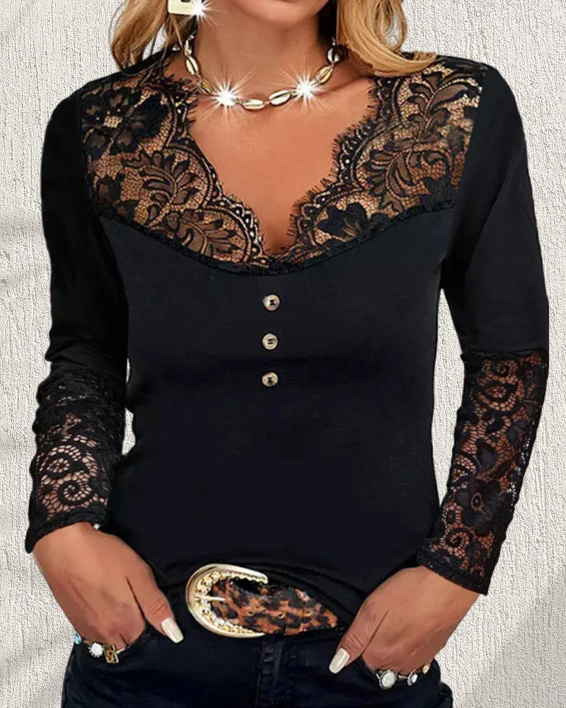 Éméria – Top Elegante in Pizzo con Maniche Lunghe e Scollo a V Intagliato