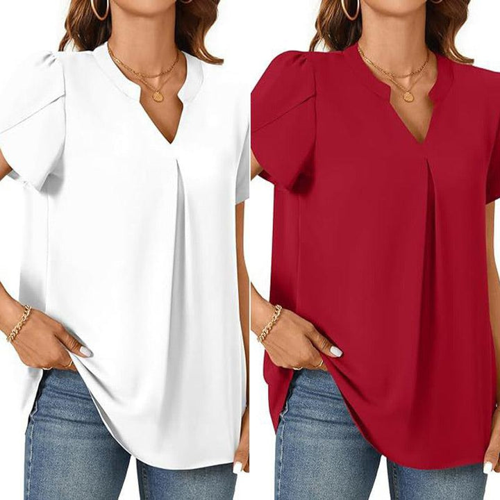 Élina – Top a Tinta Unita con Scollo a V Plissettato – Maniche Corte Stile Fiore