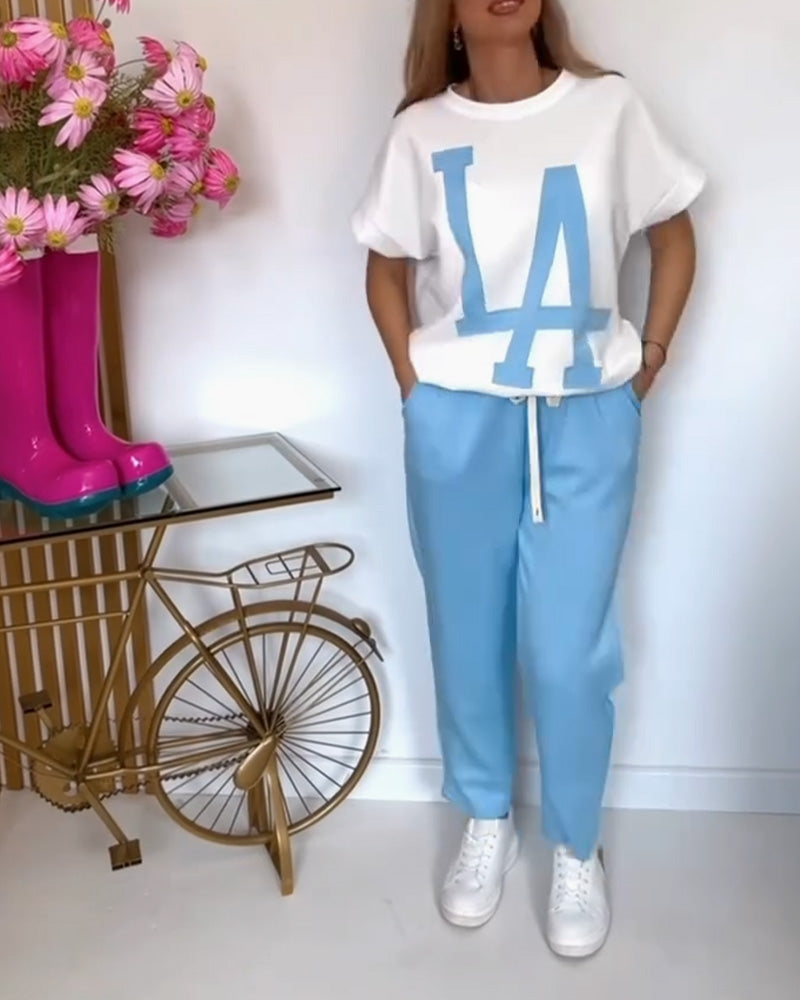 Inéa – Completo Casual 2 Pezzi con Stampa a Lettere – T-shirt e Pantaloni Jogger