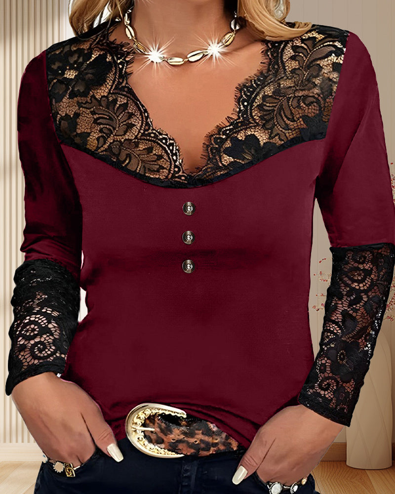 Éméria – Top Elegante in Pizzo con Maniche Lunghe e Scollo a V Intagliato