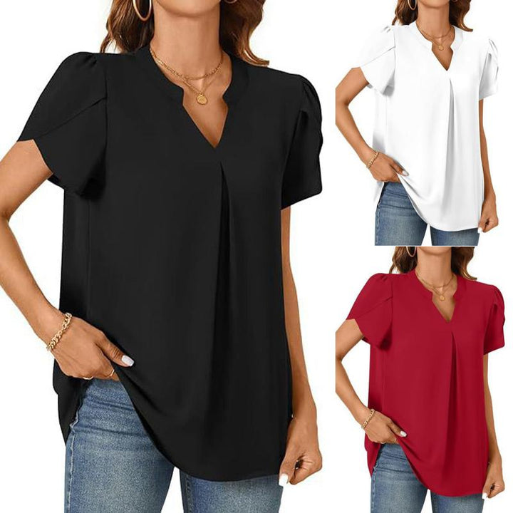 Élina – Top a Tinta Unita con Scollo a V Plissettato – Maniche Corte Stile Fiore