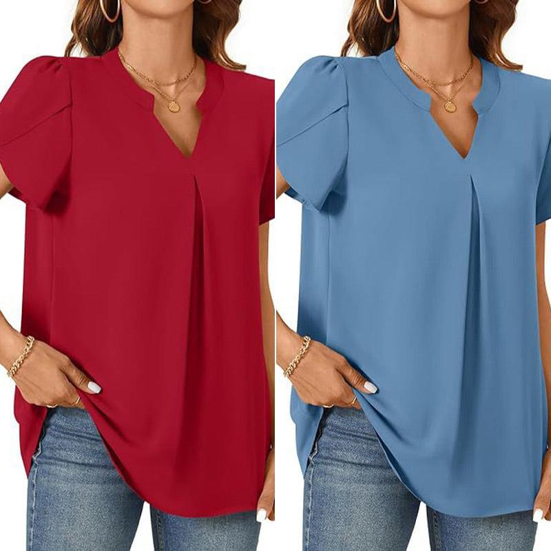 Élina – Top a Tinta Unita con Scollo a V Plissettato – Maniche Corte Stile Fiore