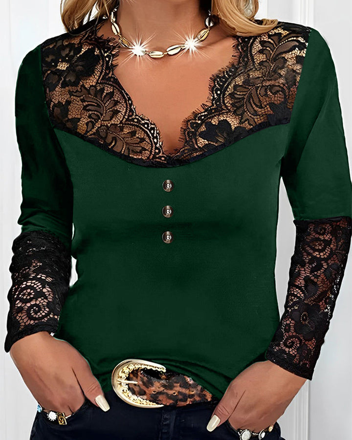 Éméria – Top Elegante in Pizzo con Maniche Lunghe e Scollo a V Intagliato