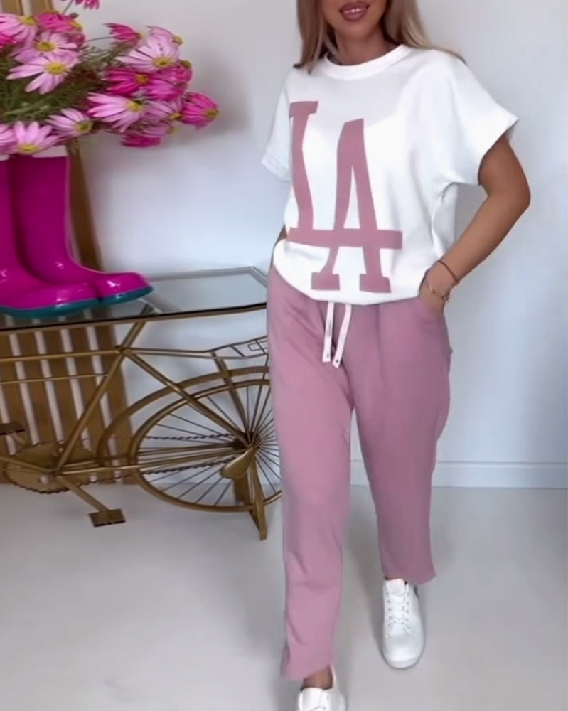Inéa – Completo Casual 2 Pezzi con Stampa a Lettere – T-shirt e Pantaloni Jogger