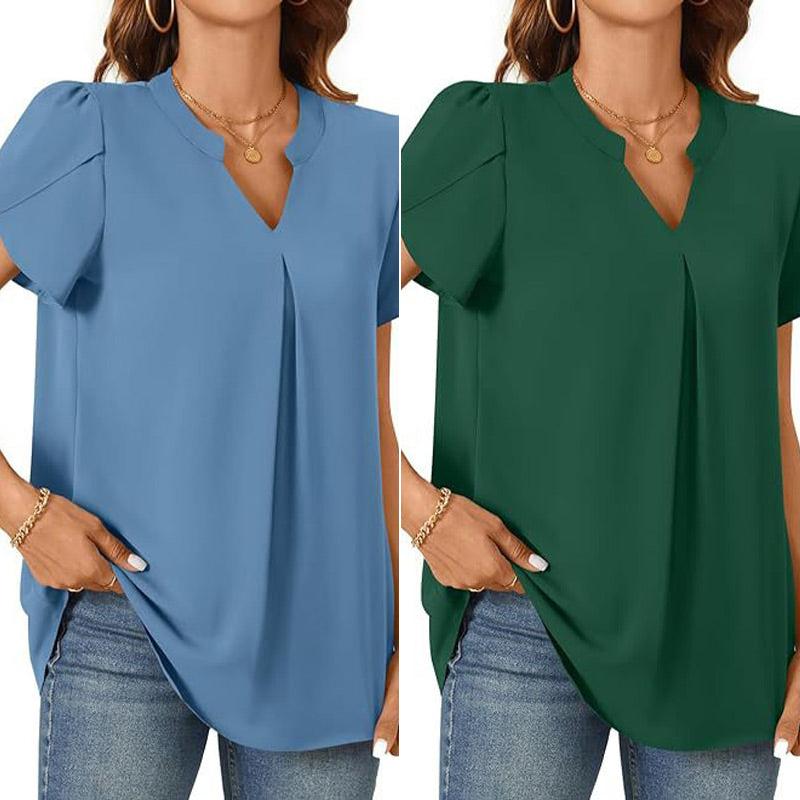 Élina – Top a Tinta Unita con Scollo a V Plissettato – Maniche Corte Stile Fiore