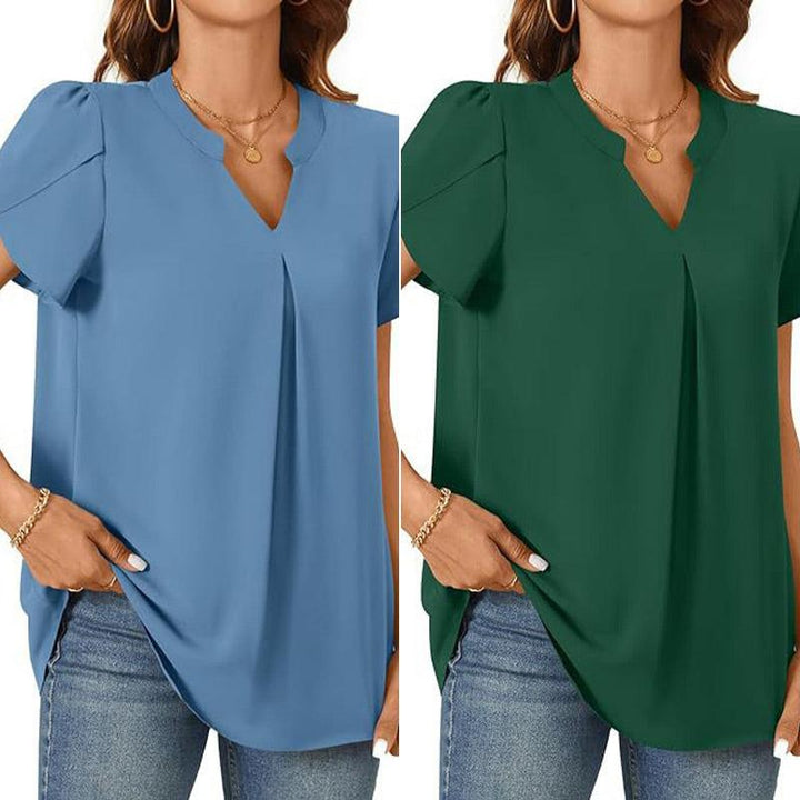 Élina – Top a Tinta Unita con Scollo a V Plissettato – Maniche Corte Stile Fiore