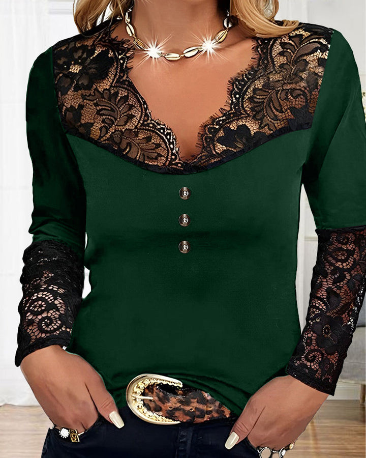 Éméria – Top Elegante in Pizzo con Maniche Lunghe e Scollo a V Intagliato