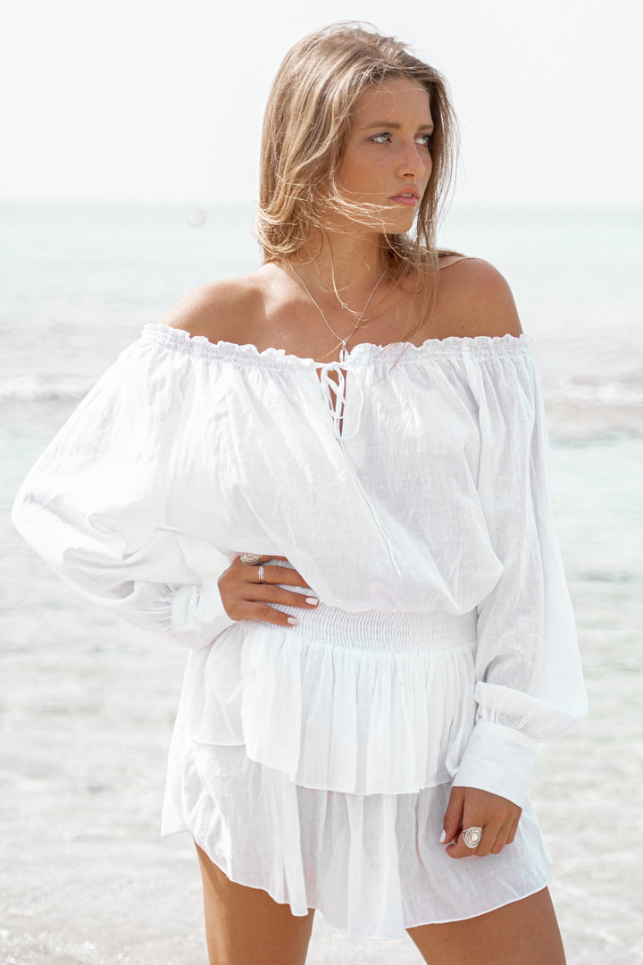 Rema – Abito Corto con Spalle Scoperte in Cotone – Vestibilità Oversize con Volant Estivi