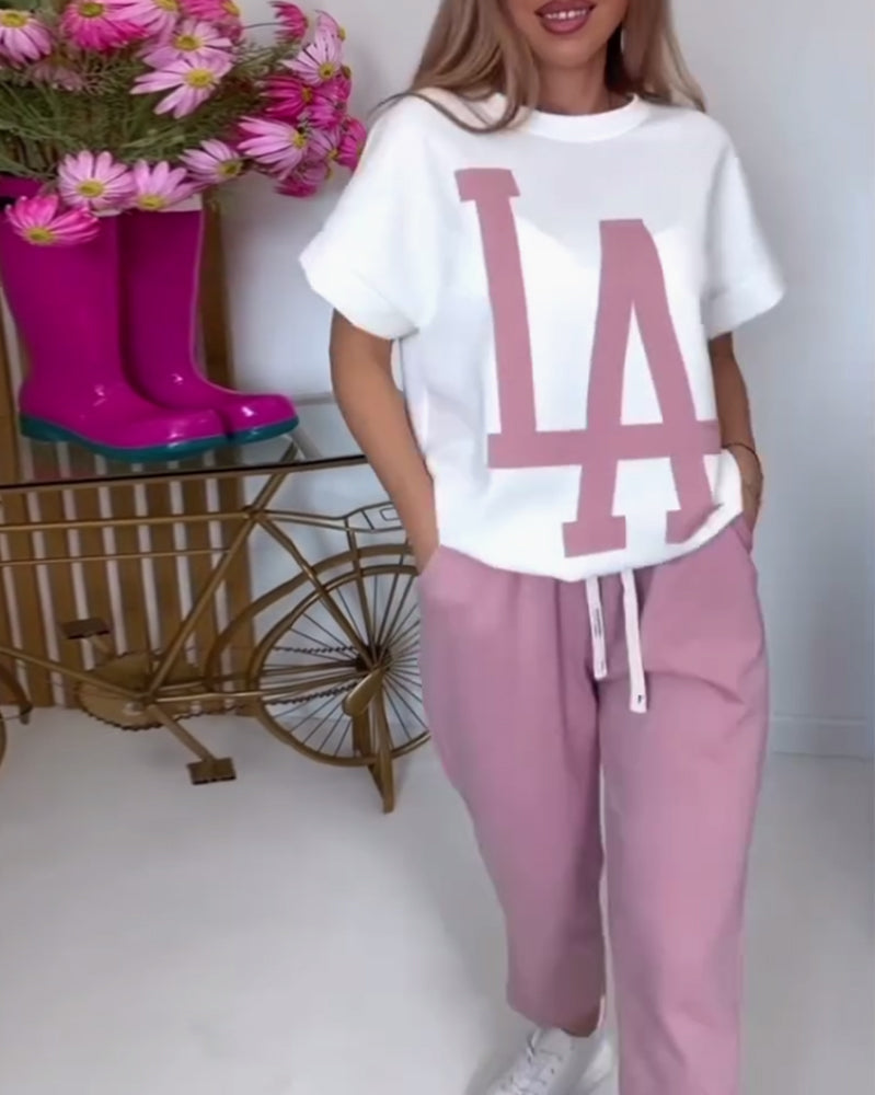 Inéa – Completo Casual 2 Pezzi con Stampa a Lettere – T-shirt e Pantaloni Jogger