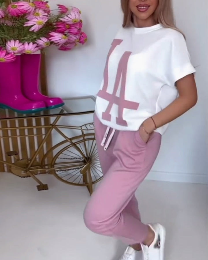 Inéa – Completo Casual 2 Pezzi con Stampa a Lettere – T-shirt e Pantaloni Jogger