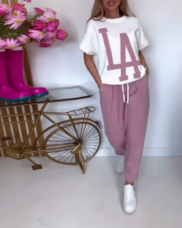 Inéa – Completo Casual 2 Pezzi con Stampa a Lettere – T-shirt e Pantaloni Jogger