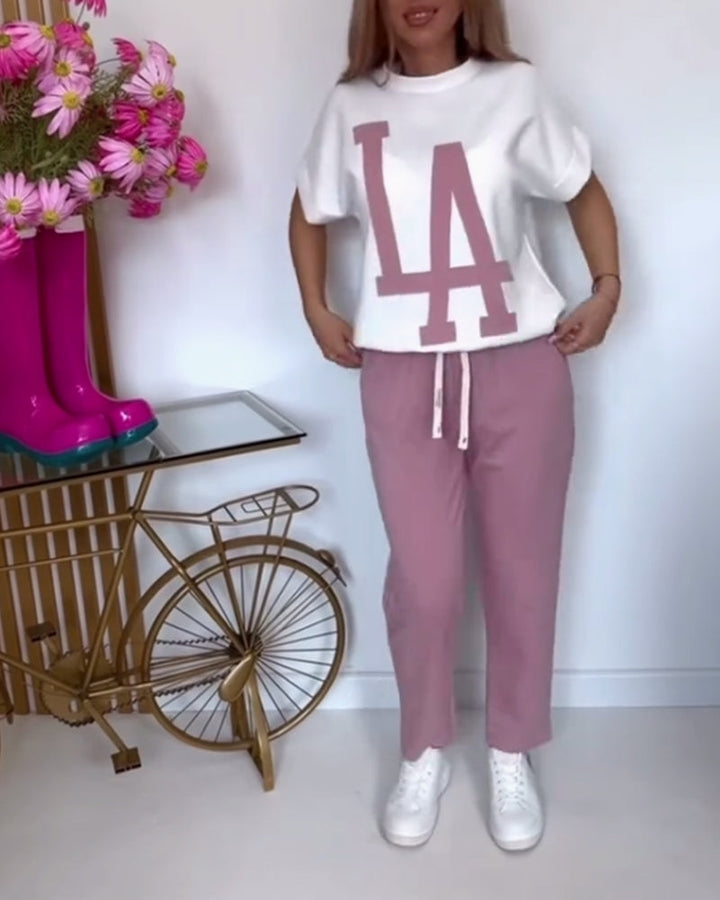 Inéa – Completo Casual 2 Pezzi con Stampa a Lettere – T-shirt e Pantaloni Jogger