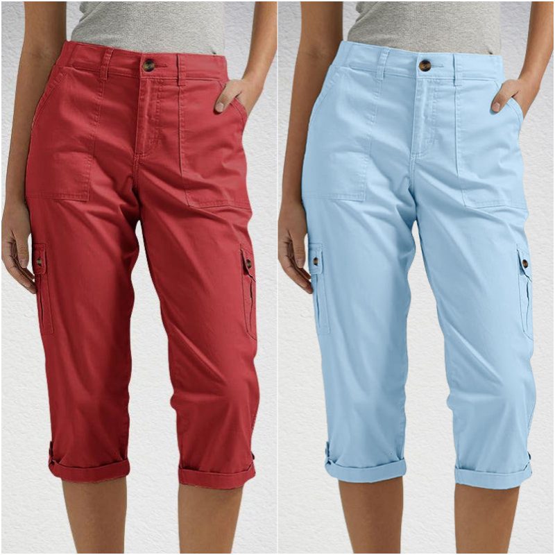 Élise – Pantaloni Cargo Capri a Tinta Unita – Tasche Multiple e Vita Regolabile
