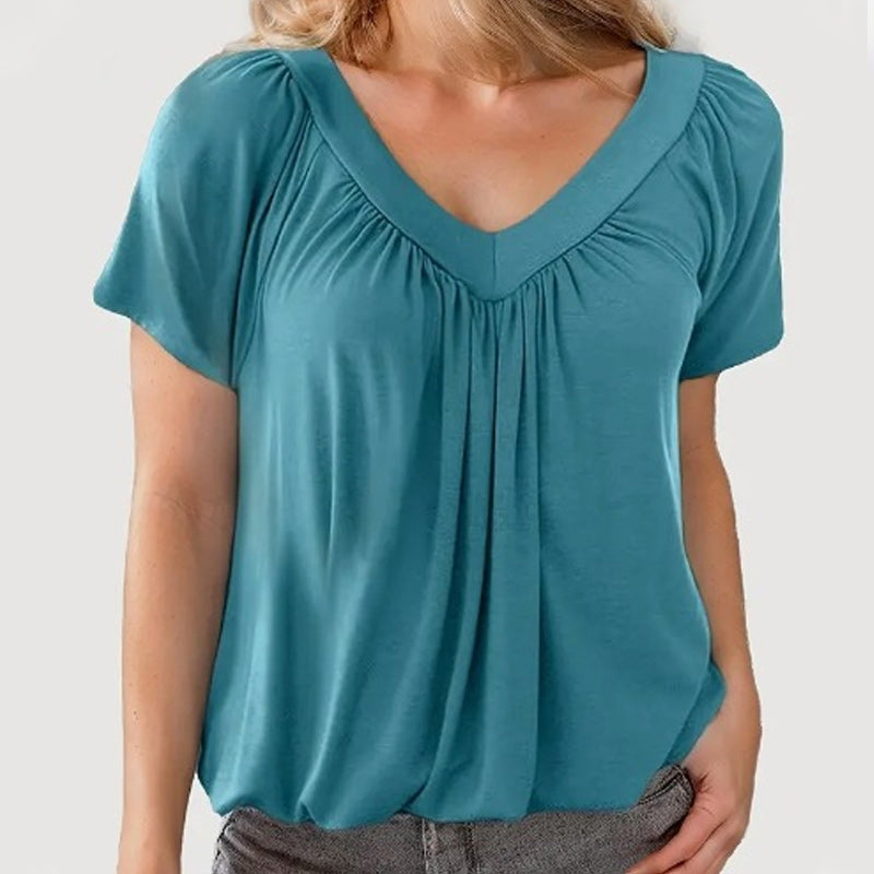Isabelle – Blusa Plissettata con Scollo a V – Maniche Corte e Tessuto Morbido