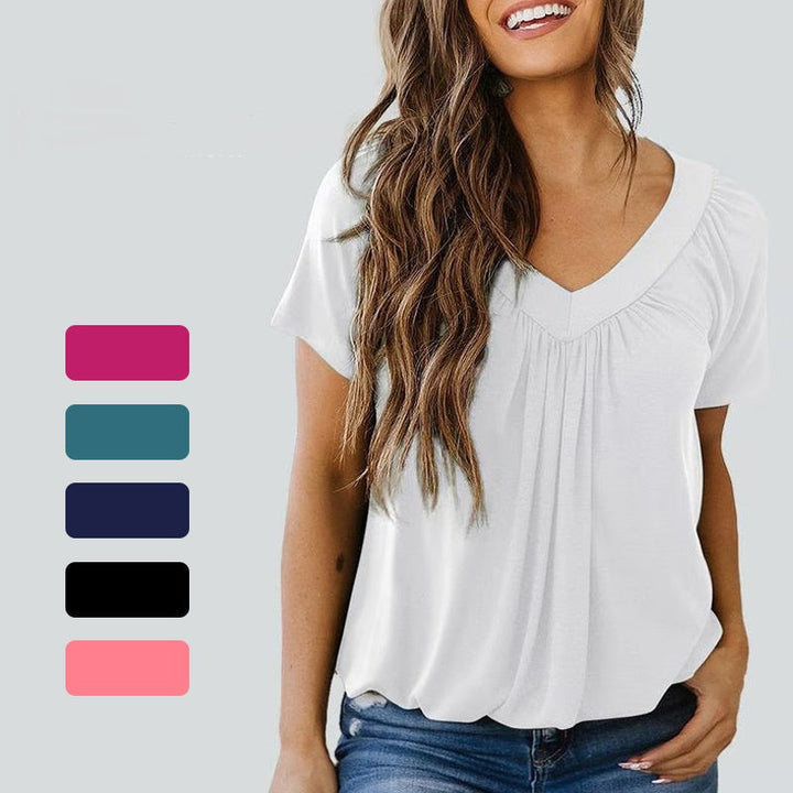 Isabelle – Blusa Plissettata con Scollo a V – Maniche Corte e Tessuto Morbido
