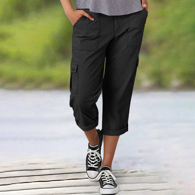 Élise – Pantaloni Cargo Capri a Tinta Unita – Tasche Multiple e Vita Regolabile