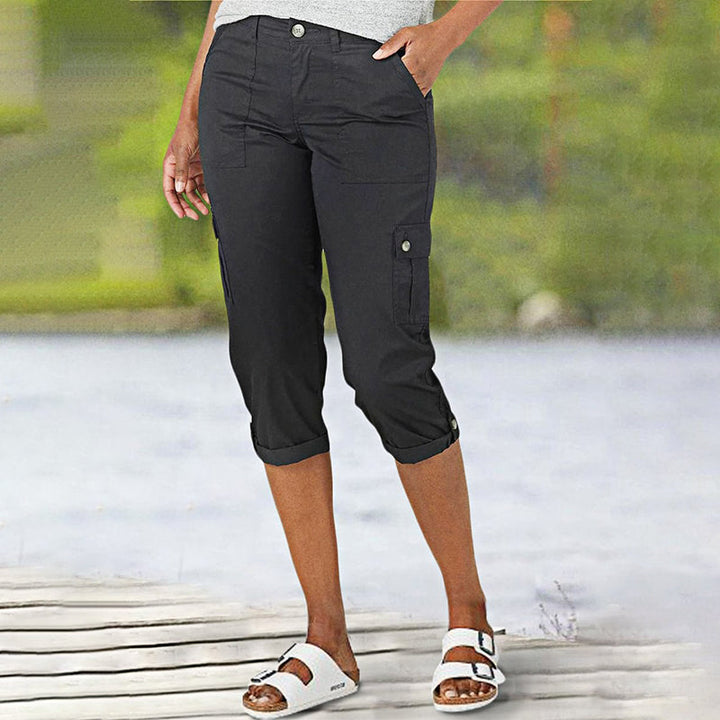 Élise – Pantaloni Cargo Capri a Tinta Unita – Tasche Multiple e Vita Regolabile