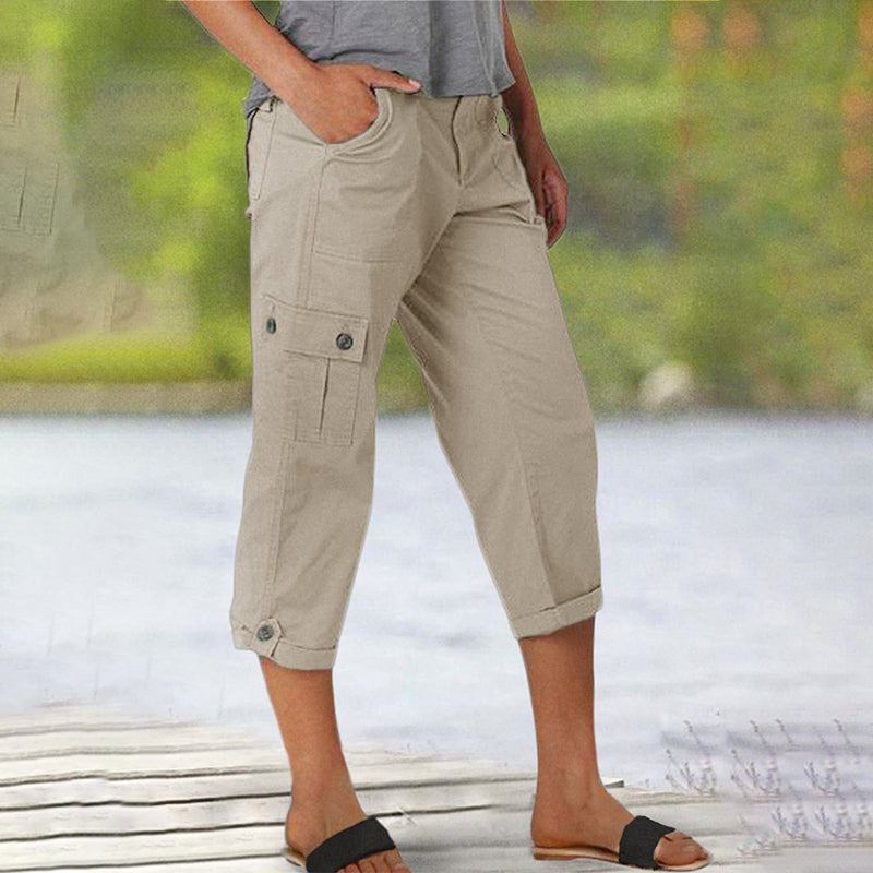 Élise – Pantaloni Cargo Capri a Tinta Unita – Tasche Multiple e Vita Regolabile