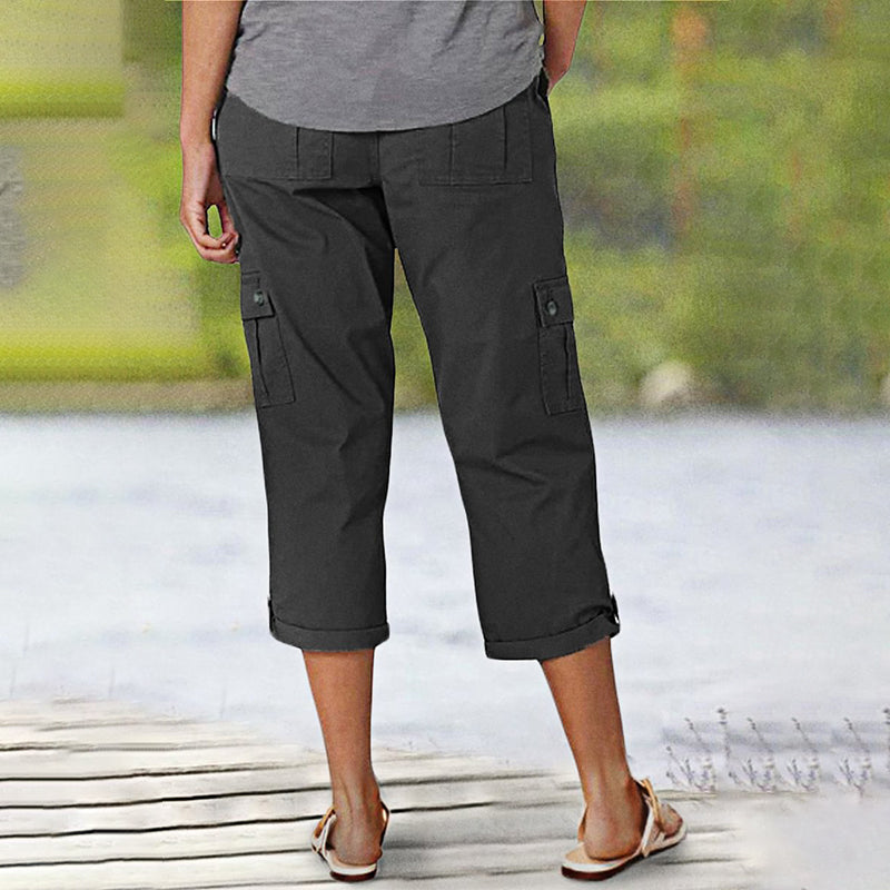 Élise – Pantaloni Cargo Capri a Tinta Unita – Tasche Multiple e Vita Regolabile