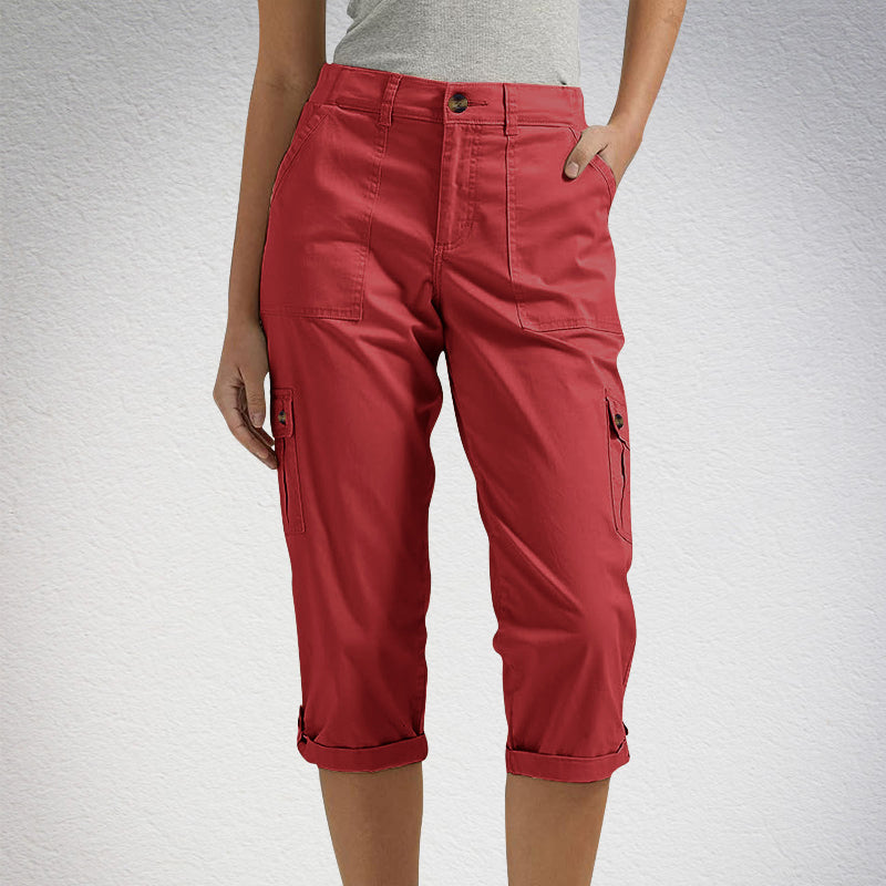 Élise – Pantaloni Cargo Capri a Tinta Unita – Tasche Multiple e Vita Regolabile