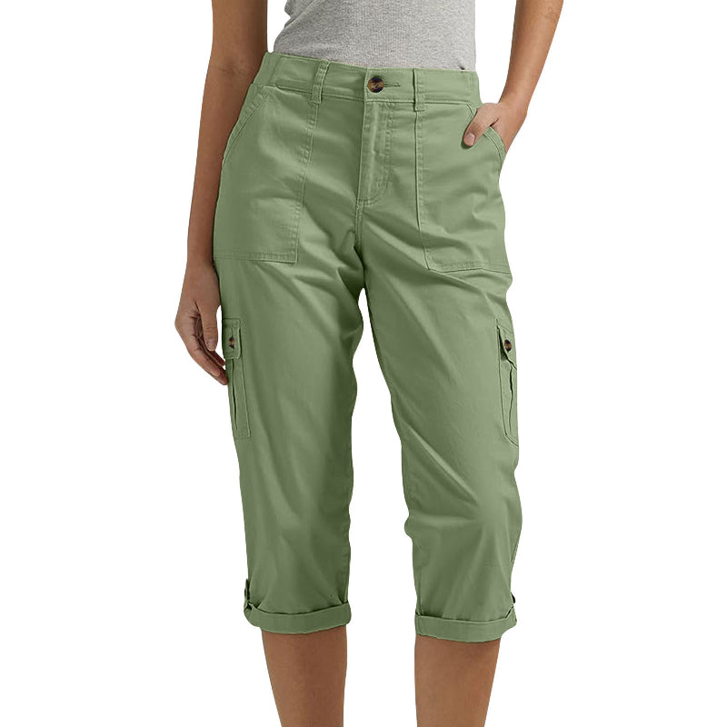 Élise – Pantaloni Cargo Capri a Tinta Unita – Tasche Multiple e Vita Regolabile