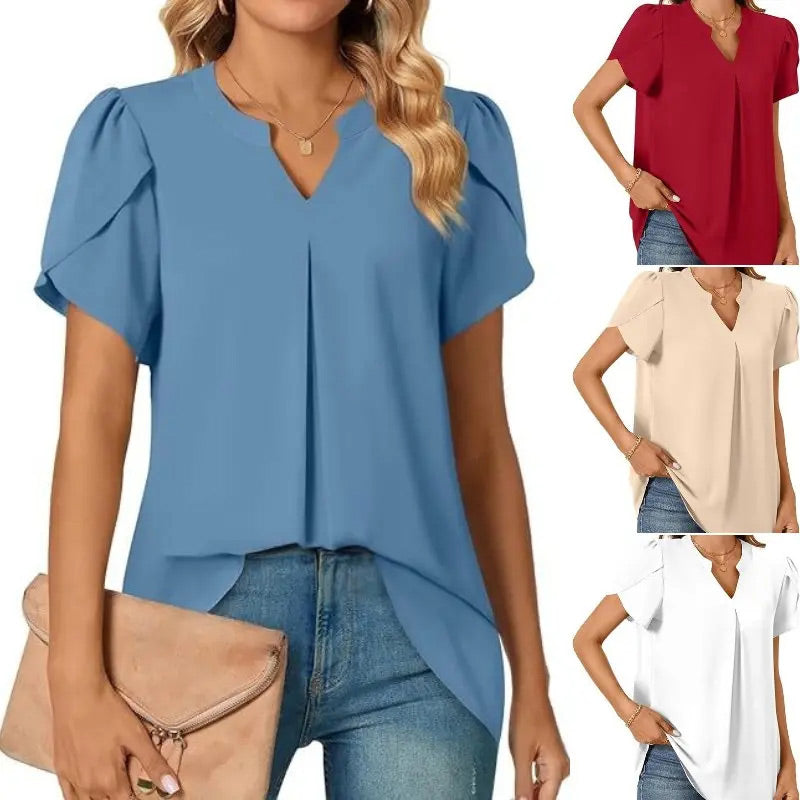 Élina – Top a Tinta Unita con Scollo a V Plissettato – Maniche Corte Stile Fiore