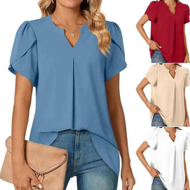 Élina – Top a Tinta Unita con Scollo a V Plissettato – Maniche Corte Stile Fiore