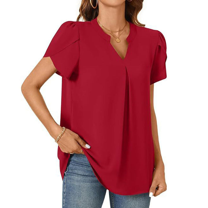 Élina – Top a Tinta Unita con Scollo a V Plissettato – Maniche Corte Stile Fiore