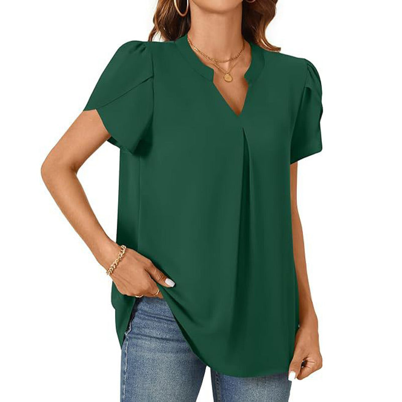 Élina – Top a Tinta Unita con Scollo a V Plissettato – Maniche Corte Stile Fiore