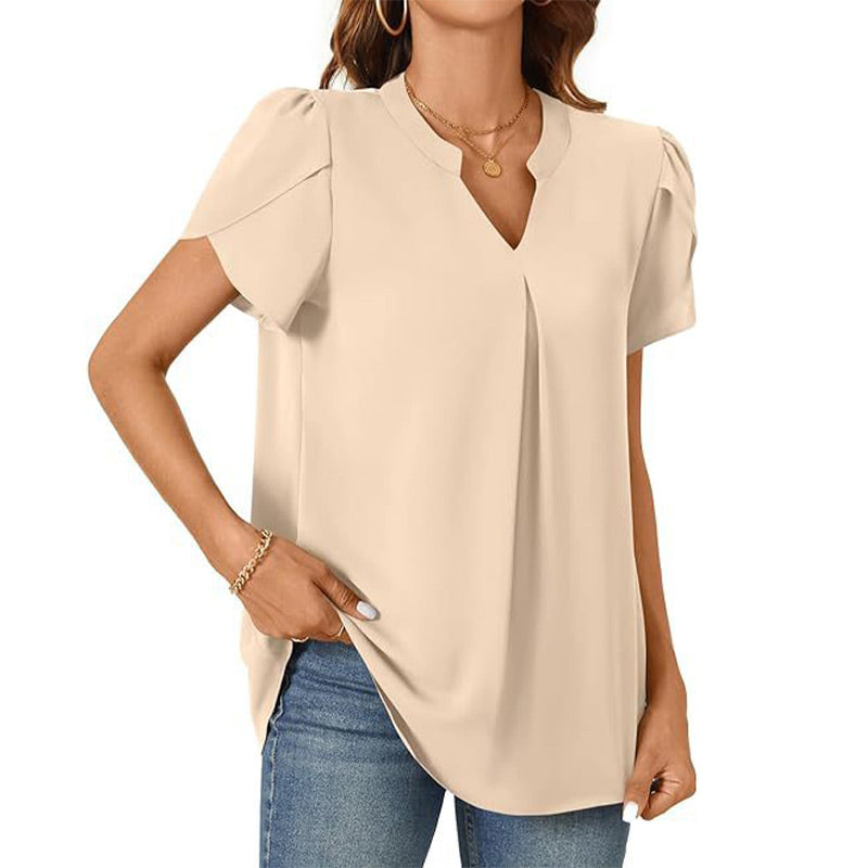 Élina – Top a Tinta Unita con Scollo a V Plissettato – Maniche Corte Stile Fiore