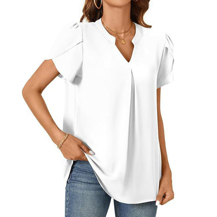 Élina – Top a Tinta Unita con Scollo a V Plissettato – Maniche Corte Stile Fiore