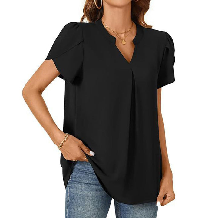 Élina – Top a Tinta Unita con Scollo a V Plissettato – Maniche Corte Stile Fiore